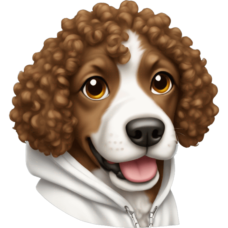 Brown curly hair dog wearing a white hoodie emoji