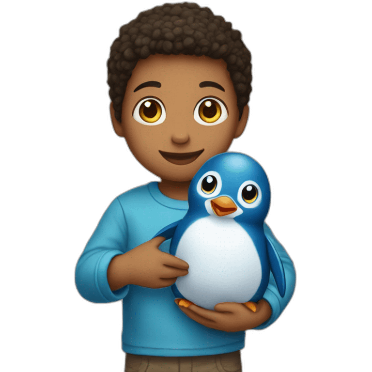 child holding a cute blue penguin plush emoji