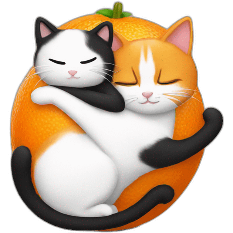 an orange and a black and white cat hugging emoji