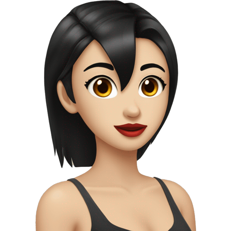 pretty girl with black hair reaching below the armpits with hime cut hairstyle. red lips, brown eyes, fair skin emoji