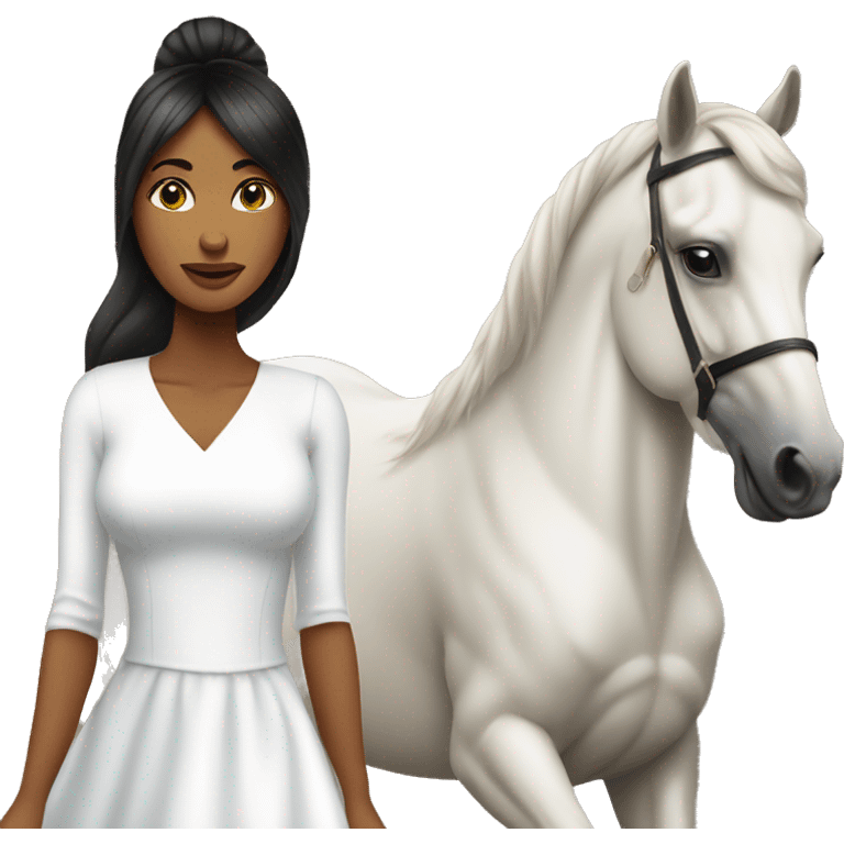 Woman in white dress rides bay horse black hair no star on forehead  emoji