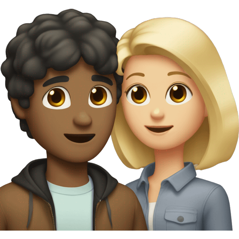 a guy with dark hair and a girl with blond hair and a bob and between them a little black Spitz emoji