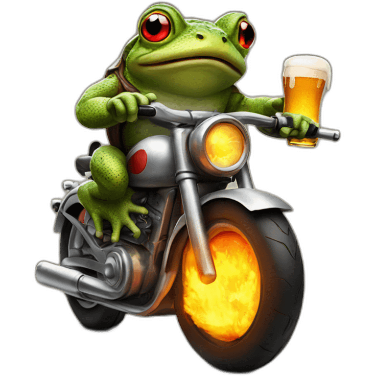 Toad in a motorbike with a beer in one and and fire exaut emoji