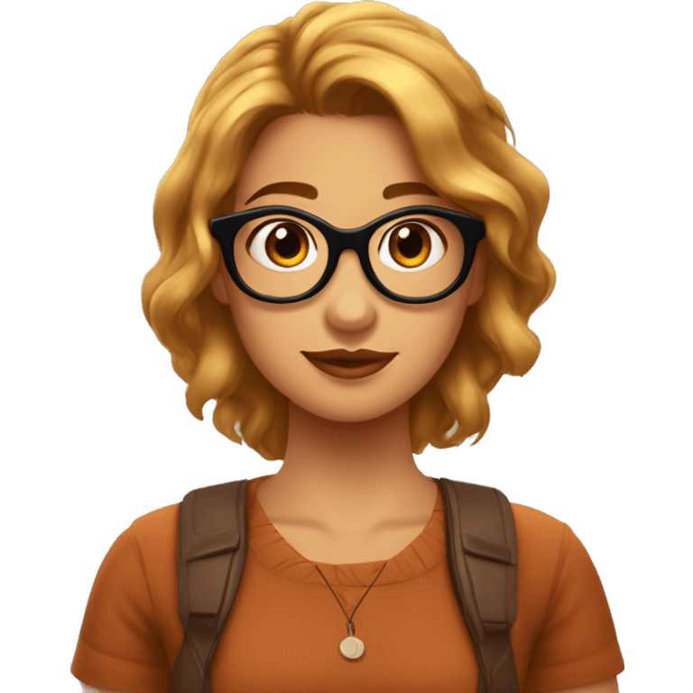 imagen de chica de 19 años estilo pixar: pelo ondulado marron y largo, ojos grandes color marron miel con gafas, aros pequeños plateados emoji