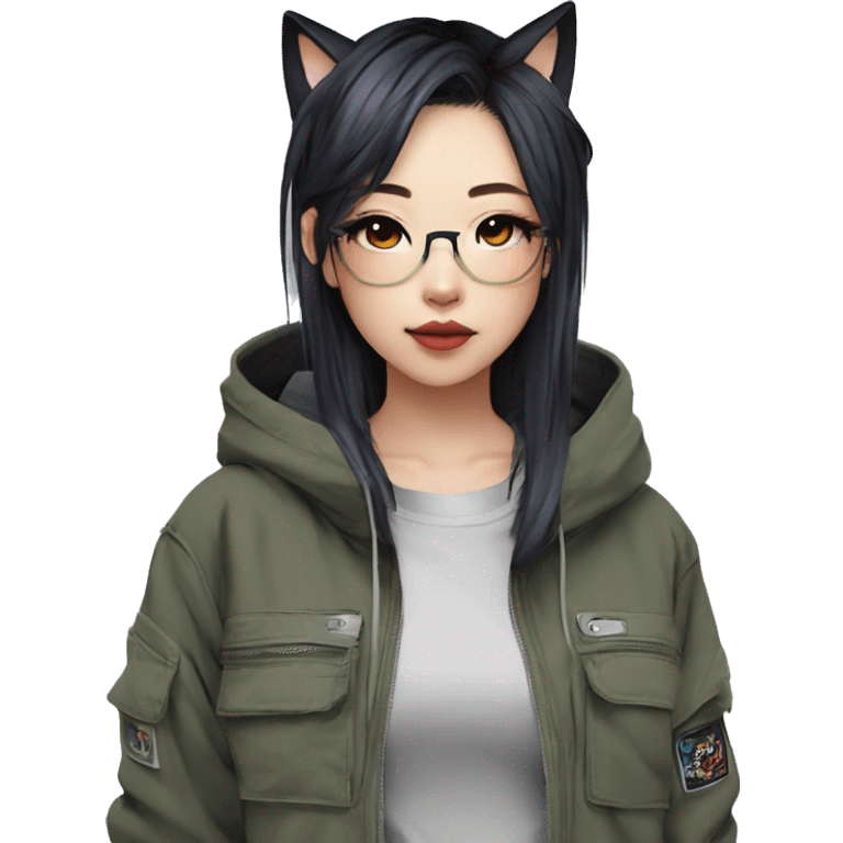 Edgy cool shy colorful Asian urban beautiful pretty anime punk tomboy-lady with cat ears techwear cargo pants hoodie collar  emoji