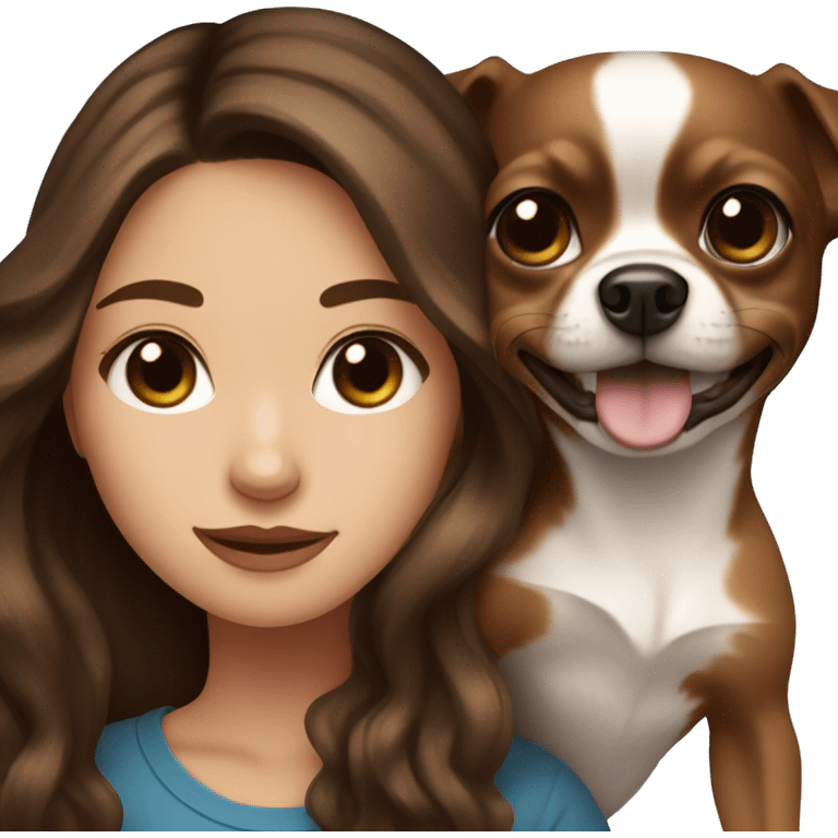 Pretty girl with long wavy brown hair, blue eyes, holding a black and brown short hair chihuahua emoji