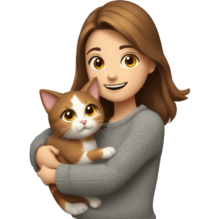 A girl with brown hair in gray sweater hugs calico cat and smile emoji