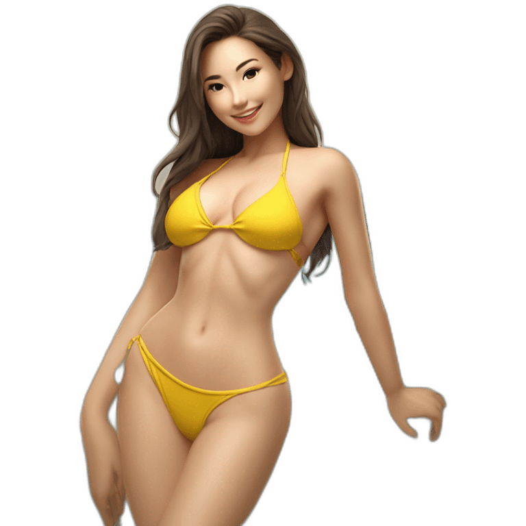 Sexy pose soft-fit Caucasian woman yellow bikini (beach body) bed emoji