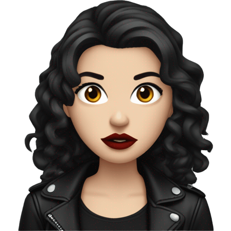 White girl, with long curly black hair, with red lipstick, black winged eyeliner, wearing black shirt and black leather jacket, rolling her eyes annoyed emoji