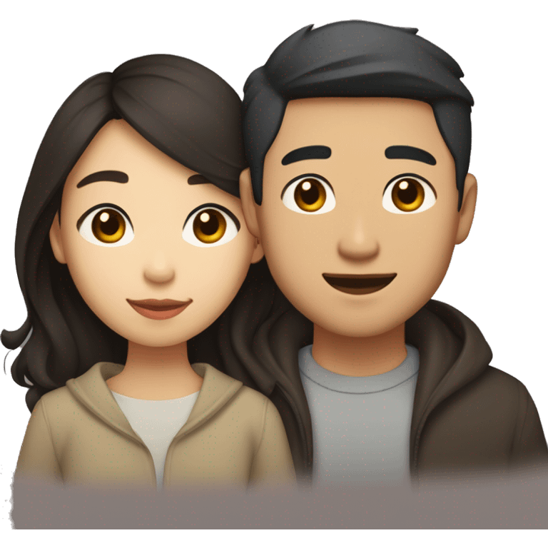 A half pale Asian man with short dark hair and amber eyes embracing and loving a half Asian woman with long wavy dark hair and dark hazel eyes. They love each other a lot And have good fashion taste. emoji