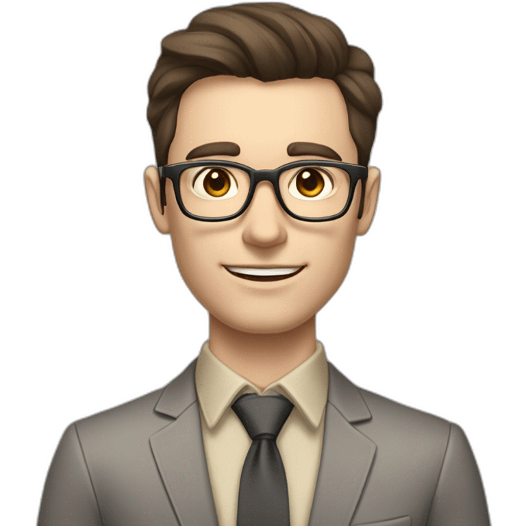 Pale skinned fit man with dark brown hair in gray jacket, beige office shirt, brown tie, brown pants and vintage glasses Writing on the flipchart emoji