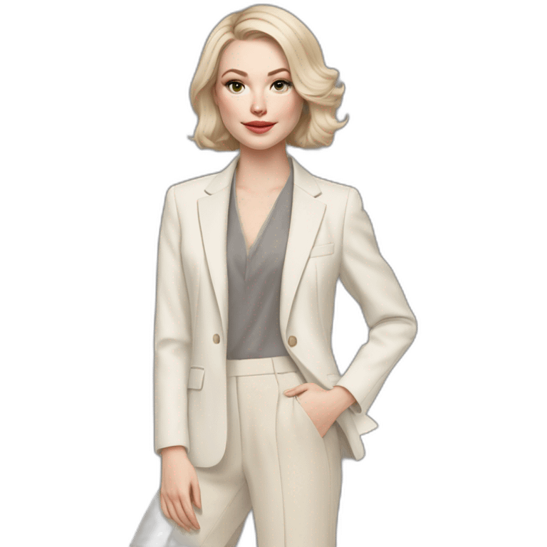 pale skin woman with ash blonde Straightened bob Hair, White Spacious classical jacket, beige palazzo Arrow pants and gray blouse holding a color palette in the hands emoji