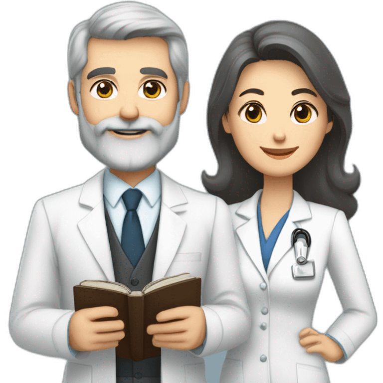 husband classy caucasian 55 dark gray hair trimmed beard wearing business suit and holding bible, with wife asian age 55 dark hair nurse uniform, no children emoji