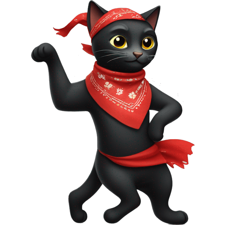 dancing black cat wearing a red bandana collar emoji