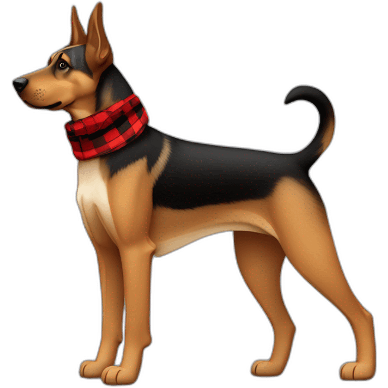 75% Coonhound 25% German Shepherd mix dog wearing small pointed red buffalo plaid bandana side view full body facing left emoji