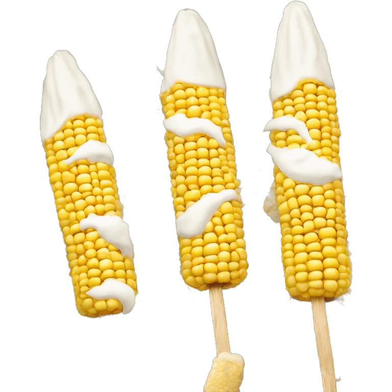 One Mexican street corn (elote) on a stick. Sour cream, cheese, and chili powder for texture and color. emoji