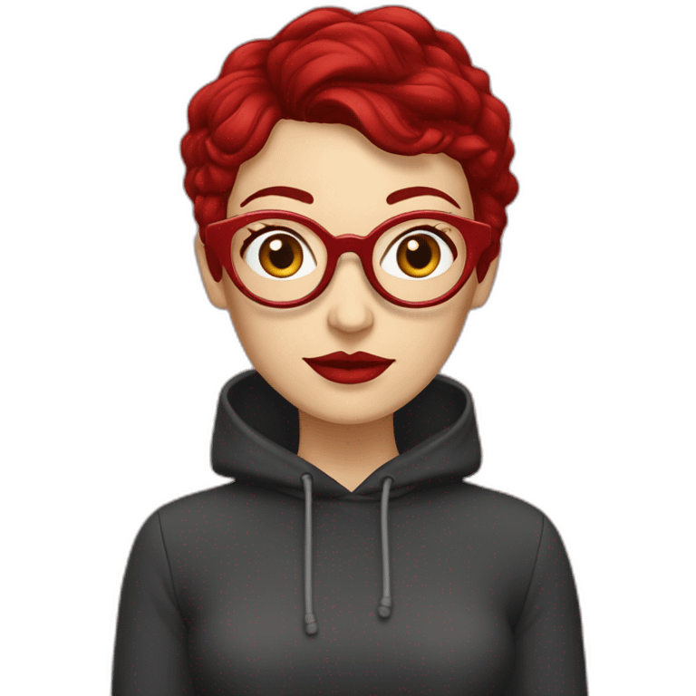 white woman with dark red pixie cut and big red glasses red lips wearing red hoody emoji