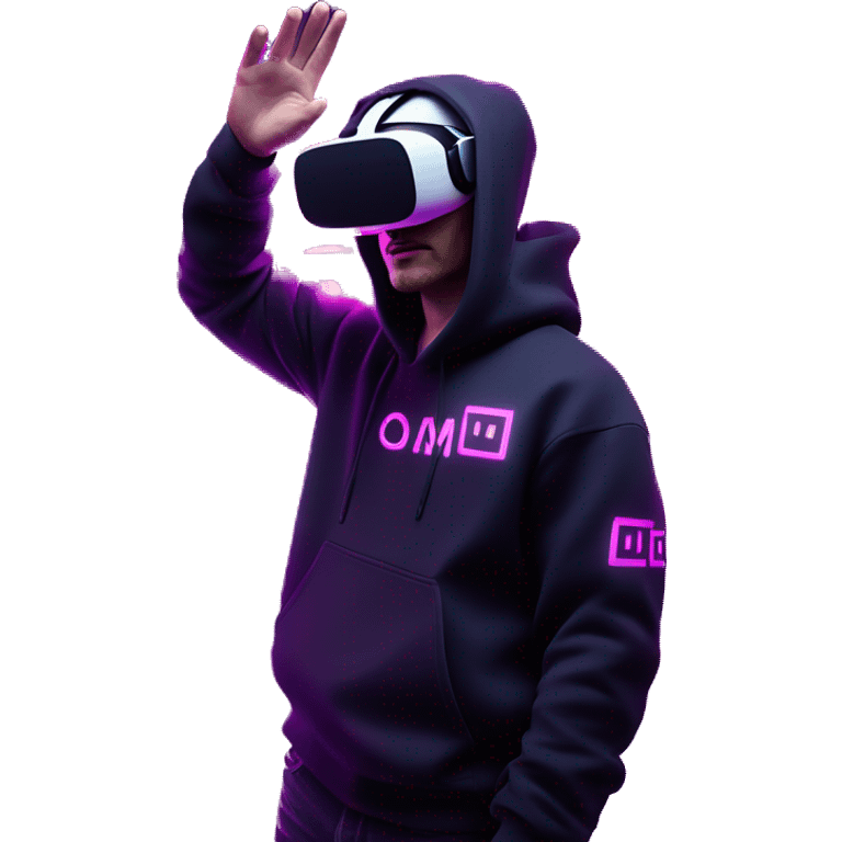 Russian man wearing a black hoodie with "OMG" letters on it and VR headset oculus quest 2 in a cyberpunk VR environment with violet neon lighting. Showing direction with hand emoji