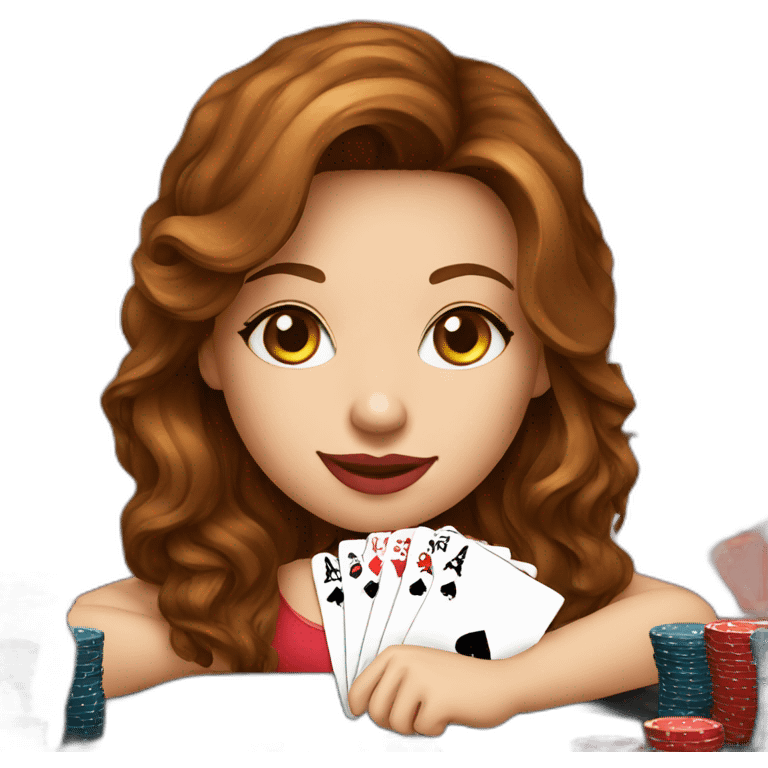 female with brown wavy hair playing poker with a poker dealer hat emoji