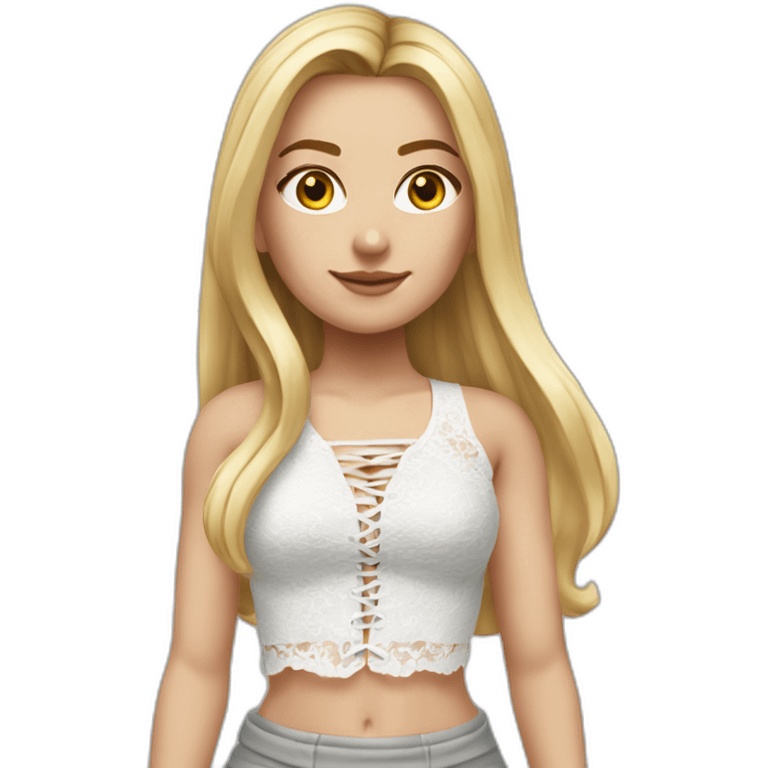 realistic caucasian female, long straight blonde hair, white lace up crop top, grey mini skirt, body view emoji