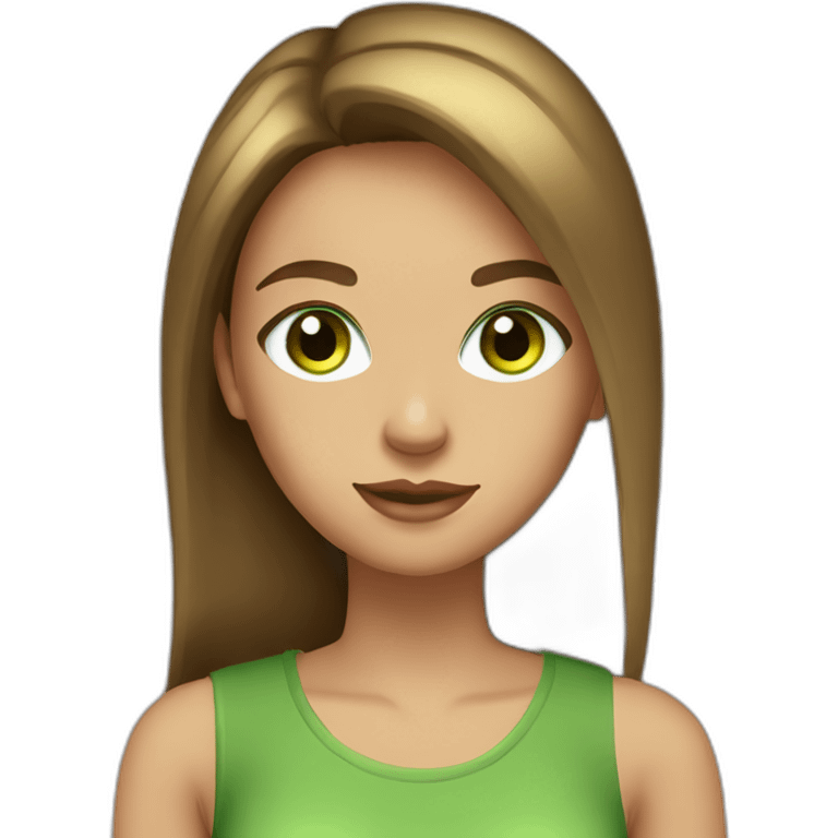 Cute girl with straight long brown hair, green eyes, gold earrings and a green shirt. She ist looking fabulous btw emoji