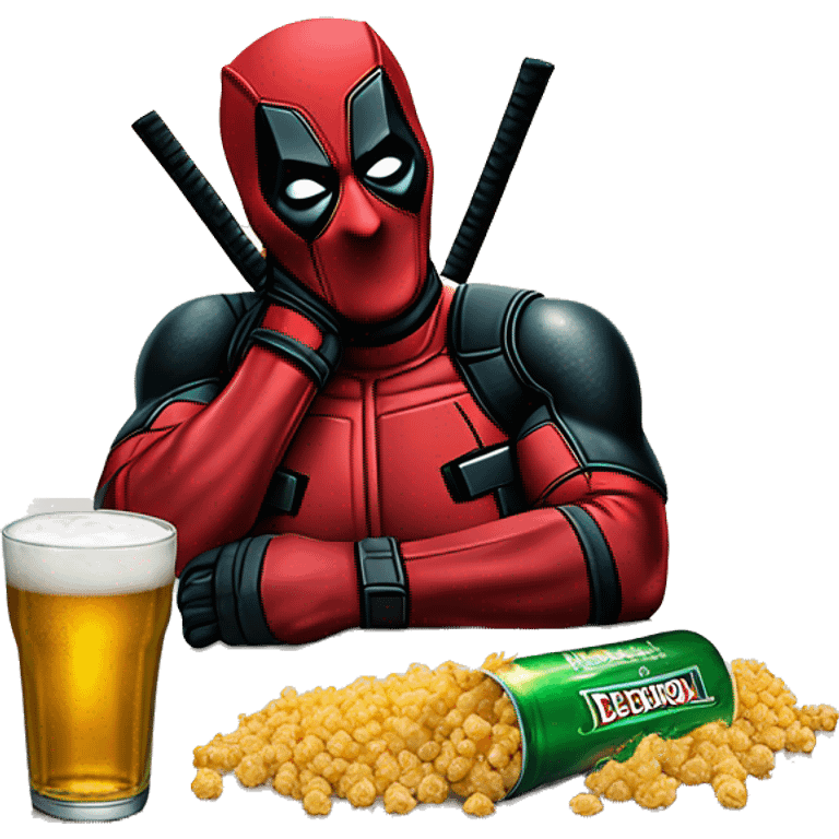 Deadpool tomando cervezas heineken con palomitas emoji