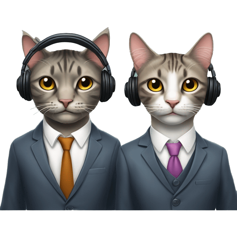 Two well-dressed cats in two different suits human bodies with cat faces, standing next to each other. african american looking. one cat with dreads. Wearing headphones for a podcast. Happy faces. 
 emoji