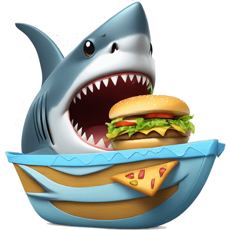 A shark with a hat in a boat eating a hamburger happy emoji