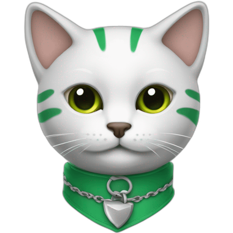 gato rayado color blanco con plomo usando un collar verde emoji