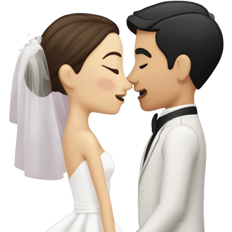 bride of short and brown hair, and groom with black hair and buzz haircut with a scar on his face, kiss emoji