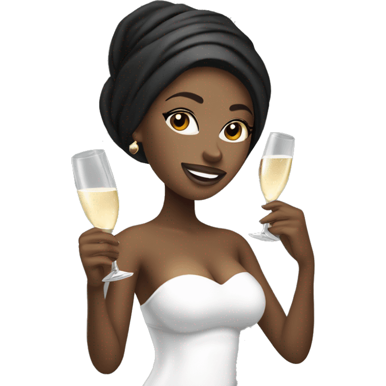 Girl with white towel wrapped around hair holding a champagne glass and bottle in black high heels  emoji