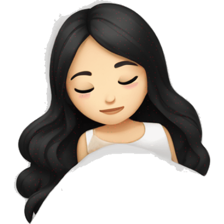 asian cute girl with long beauty black hair sleeping with white blanket and pillow emoji