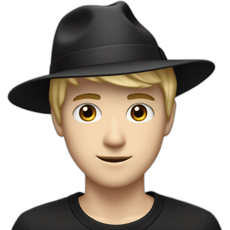 One side smirking white male teenager, with short blond hair wearing a small black fedora hat, and a black adidas long sleeve sweater emoji