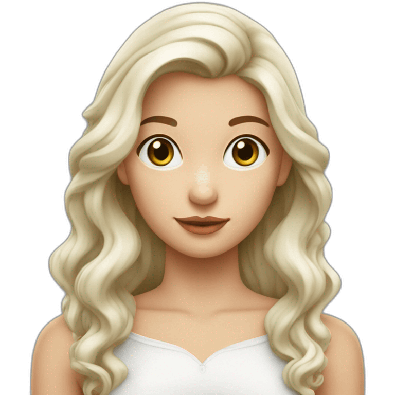 Une fille à la peau blanche avec les yeux verts les cheveux châtains long ondulés et détaché emoji