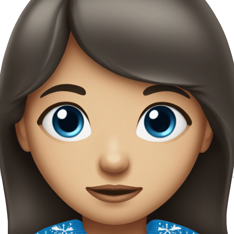 A girl with bangs of dark brown hair and blue eyes in a Christmas sweater emoji