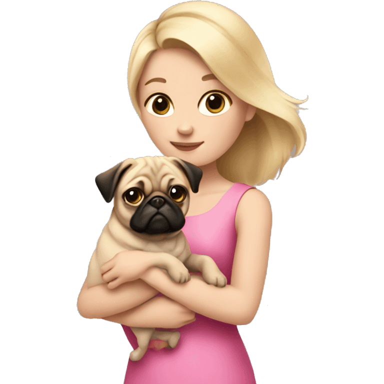 Blonde girl in a pink dress holding a pug emoji