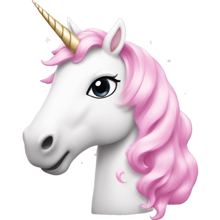 white unicorn, with pink horn with sparkles and pink hearts around it emoji