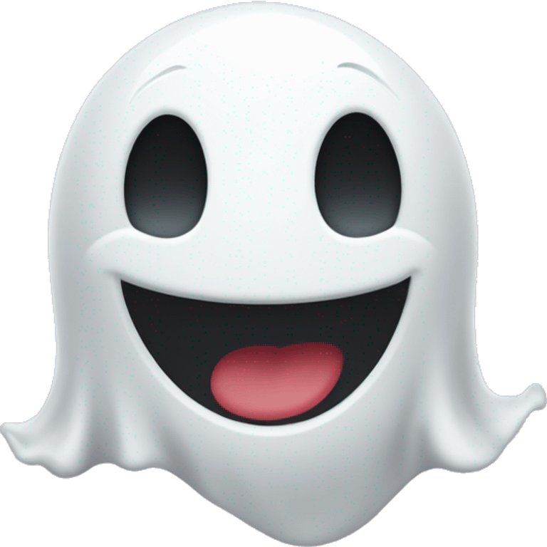 ghost with a round white body, raised arms, and one eye winking. The ghost should have the same playful expression but with a different mouth—give it a big, happy open smile instead of a tongue sticking out. Keep the design simple and cute emoji