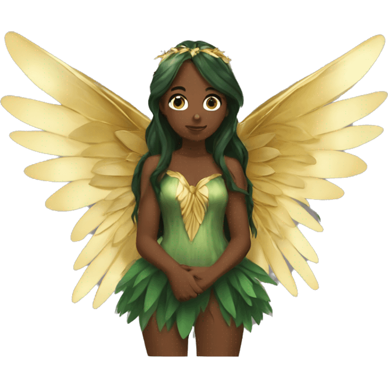 big wings, Beautiful, fairy, gold, brown, dark green, green, long hair emoji