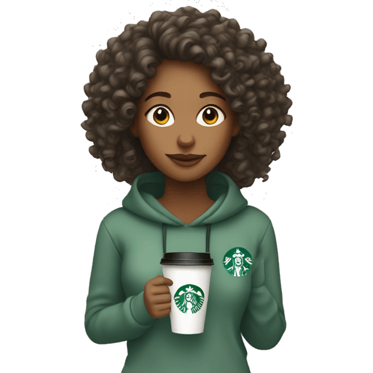 A woman wearing a sweatshirt with curly hair holding a Starbucks cup emoji