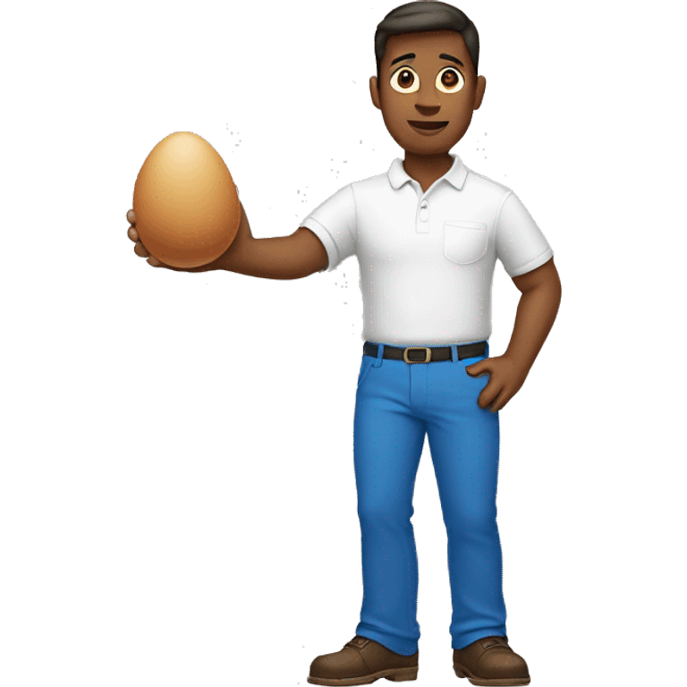 man standing holding a egg in left hand and wearing white Polo shirt and blue pants emoji