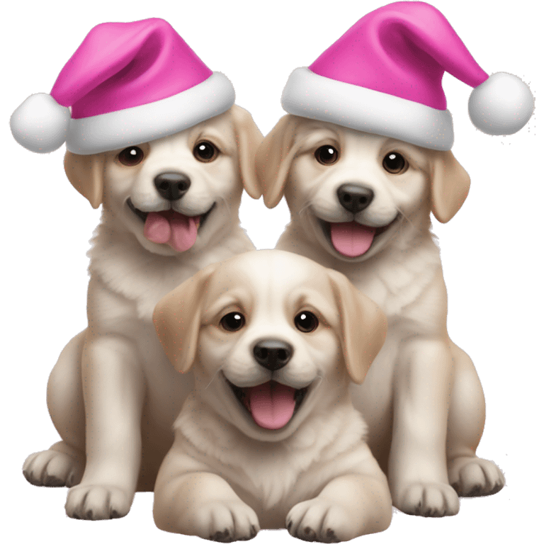 3 happy puppies with pink Christmas hat emoji