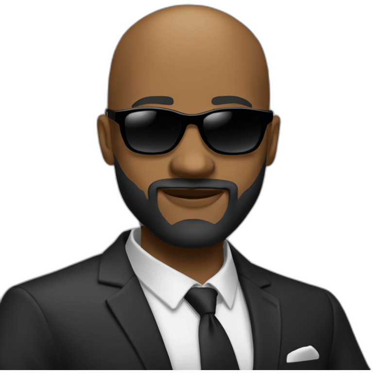 Damien Finette black bald guy in suit with beard and sunglasses emoji