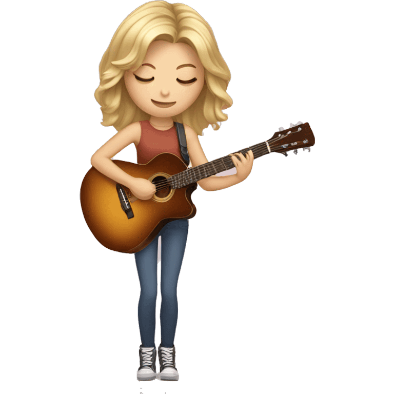 Blond teen girl with medium length hair, brown eyes, eyes closed holding guitar emoji