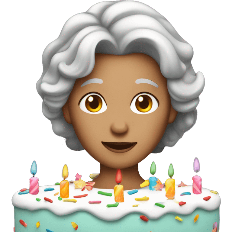 Gray haired lady with birthday cake emoji