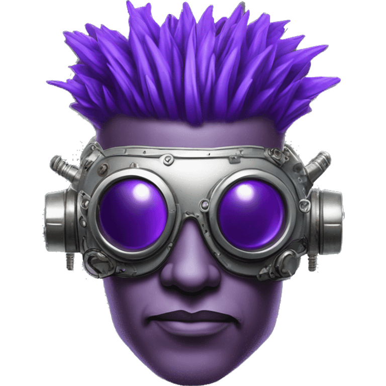 Purple mohawk cyborg head with silver steampunk goggles, goatee and circuits emoji