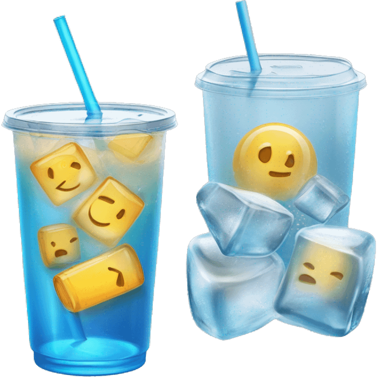 Realistic see through plastic cup and lid with half full Transluscent blue soda,straw and large ice cubes inside. emoji