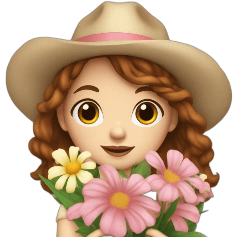 white skin with freckles, Girl with a hat, brown hair straight to the shoulders, holding a bouquet of flowers emoji