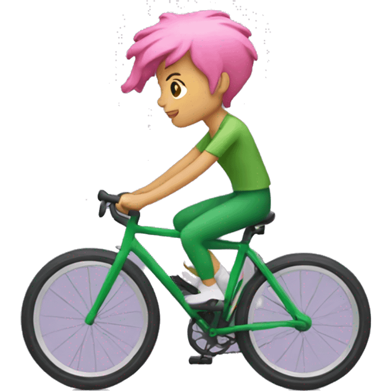 cyclist with pink hair riding a green bike emoji