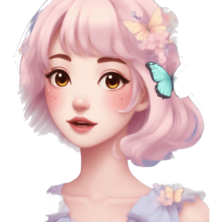 Gorgeous Pastel Anime-Style Lady With Butterflies on face cottage core pastelcore kawaii aesthetic trending style emoji